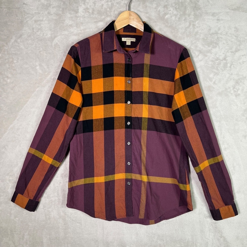 Burberry‎ Brit Women Nova Check Purple Button Up Short Size S Cotton